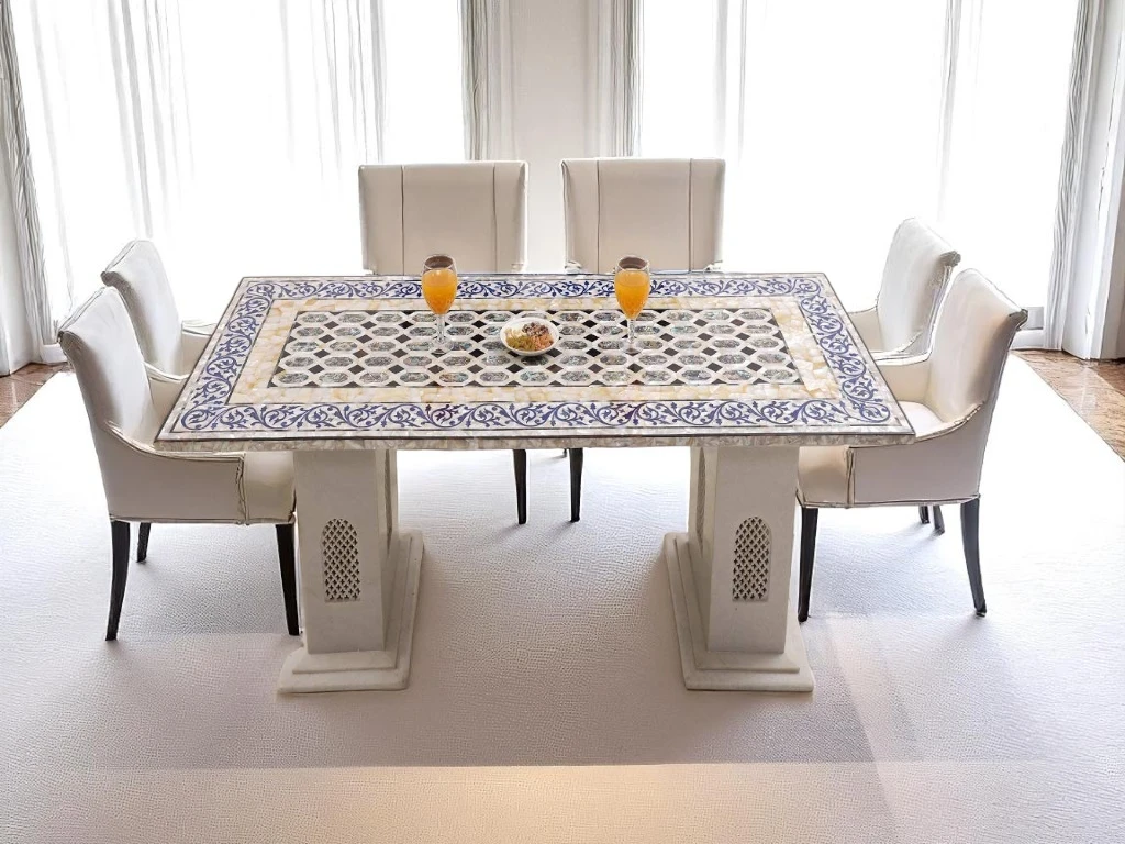 Luxury Marble Dining Table with Abalone & MOP  Pietra Dura Inlay